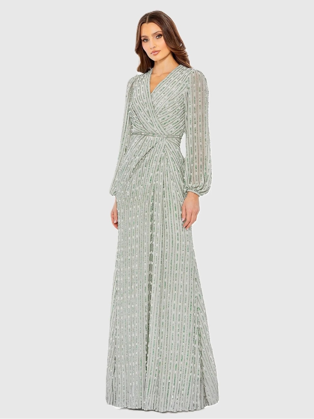 Mac Duggal 10871 Green Beaded Bishop Sleeve Wrap Gown sz 12